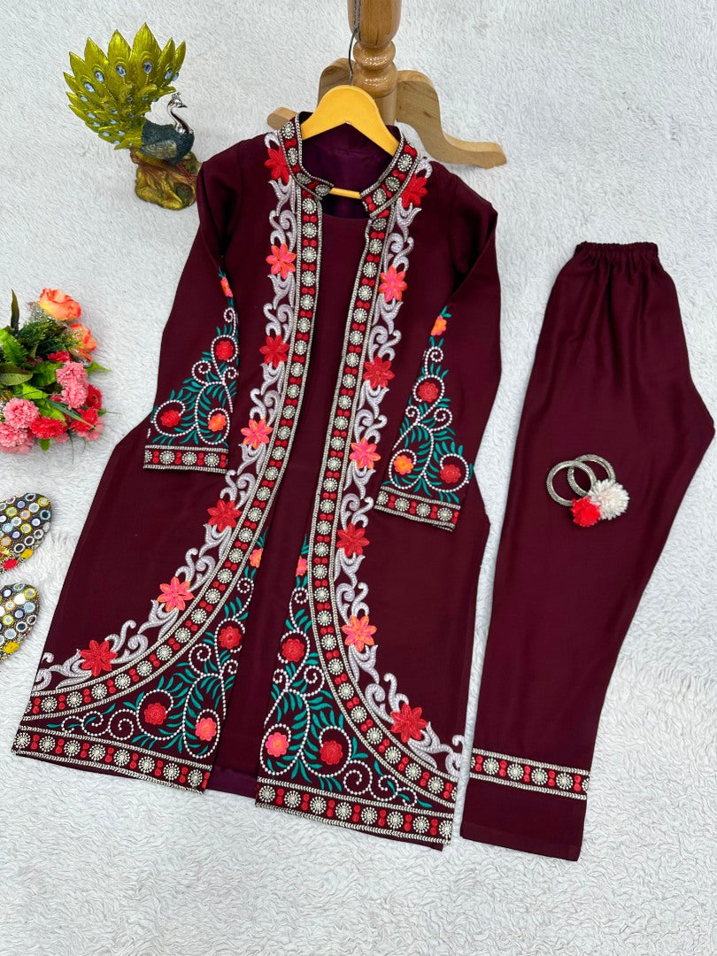 Maroon rayon heavy work designer indowestern suit with shrug