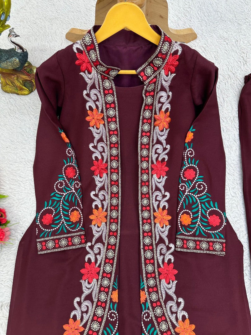 Maroon rayon heavy work designer indowestern suit with shrug
