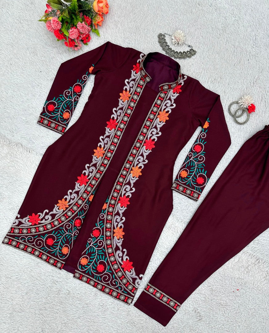 Maroon rayon heavy work designer indowestern suit with shrug