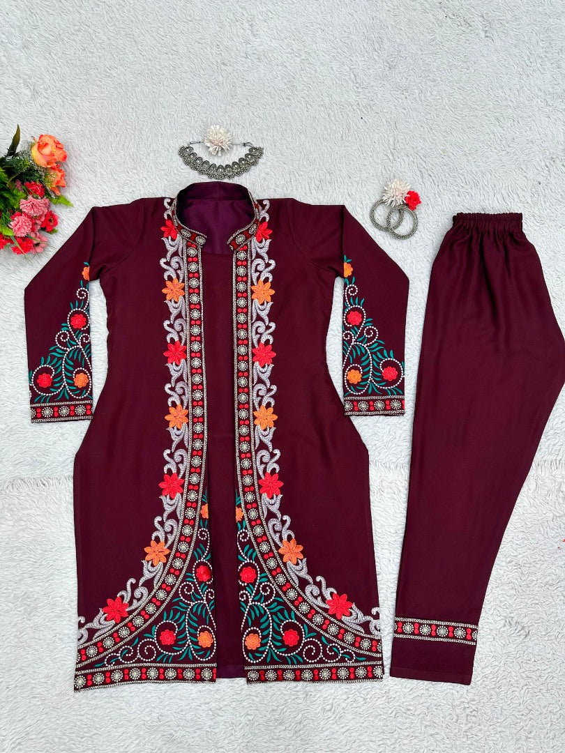 Maroon rayon heavy work designer indowestern suit with shrug