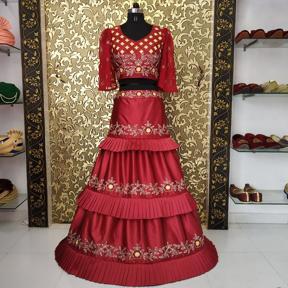 maroon satin stylist partywear croptop lehenga