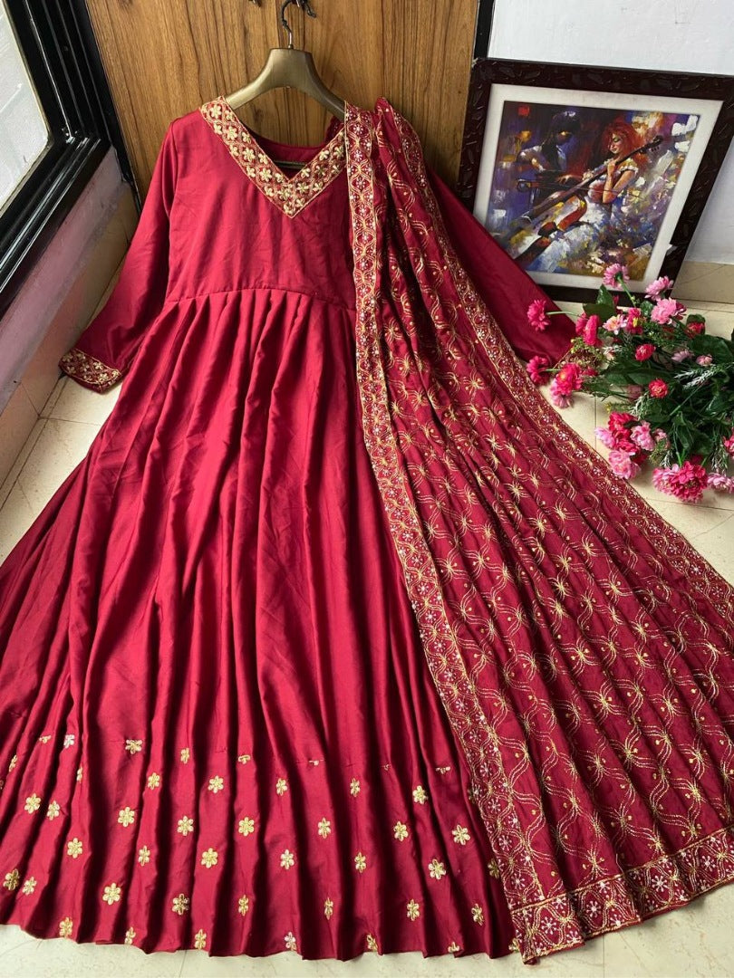 Maroon silk embroidered wedding long anarkali suit