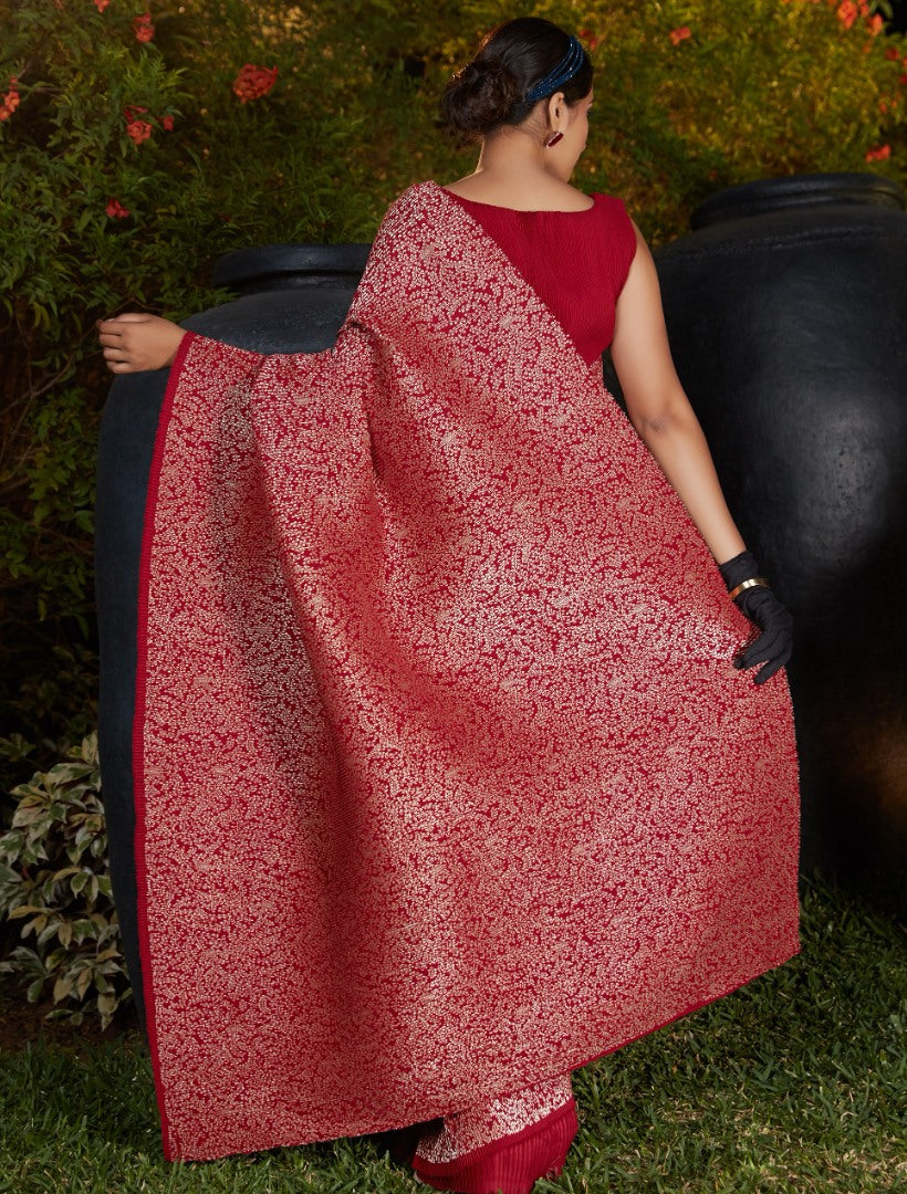 Maroon silk foil print with platting work party wear saree