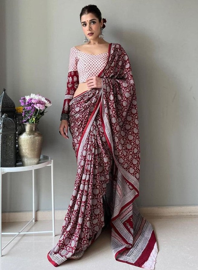 Maroon silk satin digital printed saree