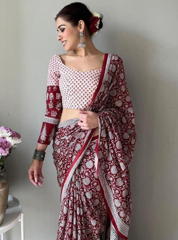 Maroon silk satin digital printed saree
