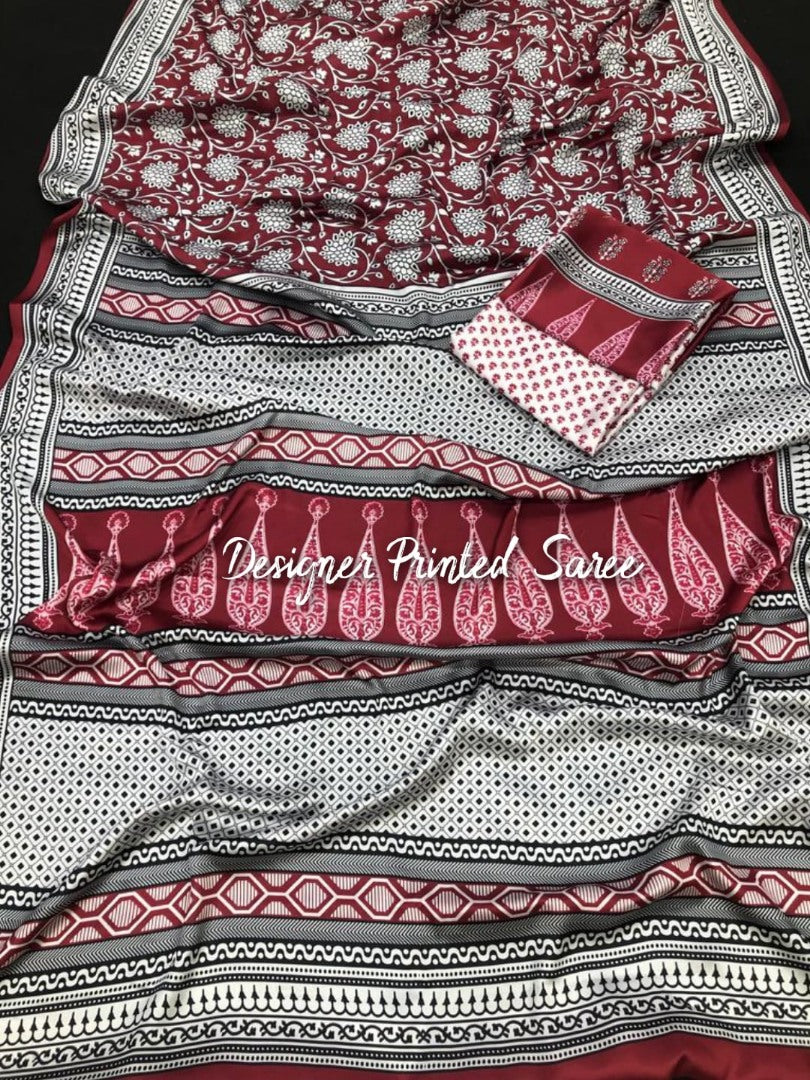 Maroon silk satin digital printed saree