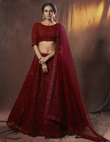 Maroon soft net sequence thread work lehenga choli