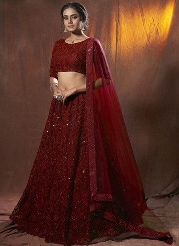 Maroon soft net sequence thread work lehenga choli