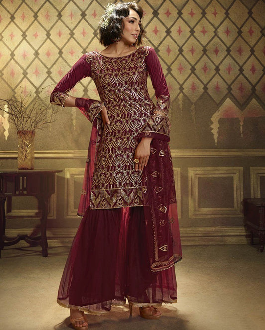 Maroon soft net sequence work party wear sharara salwar suit