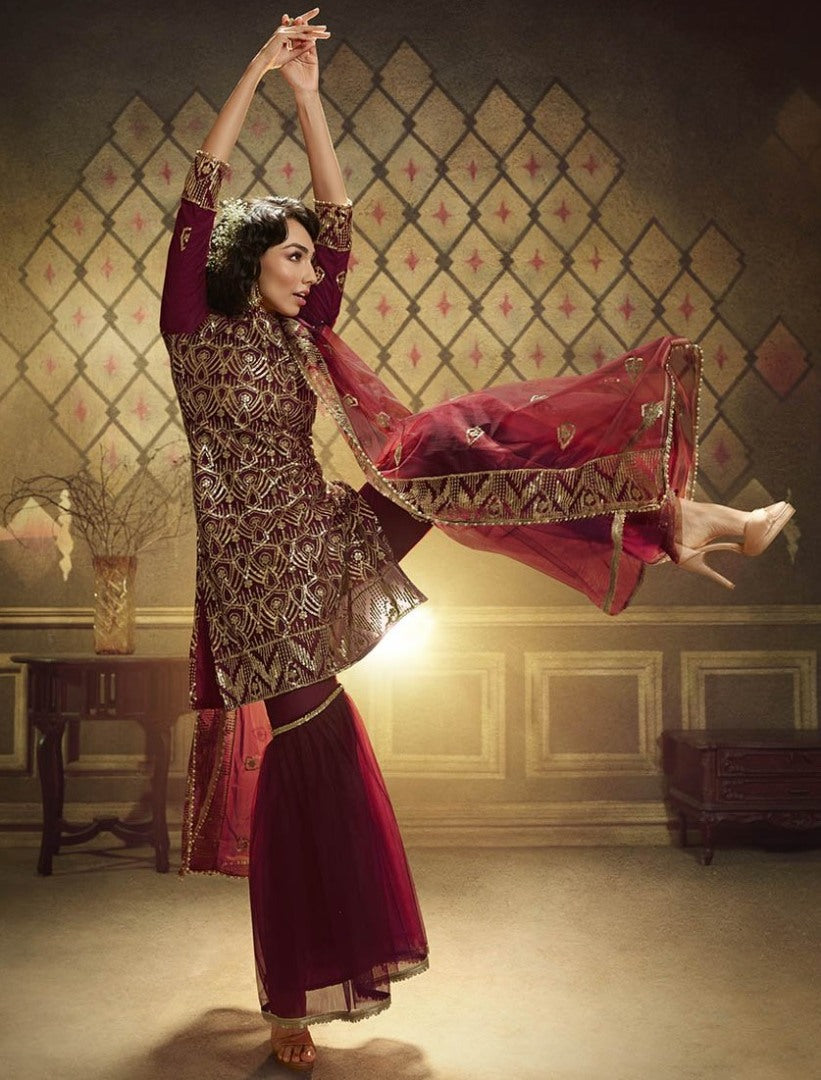 Maroon soft net sequence work party wear sharara salwar suit