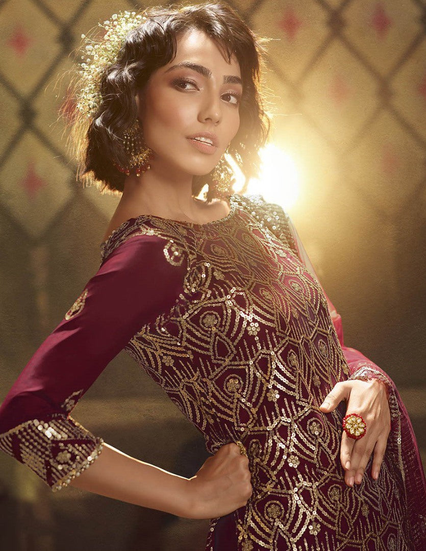 Maroon soft net sequence work party wear sharara salwar suit