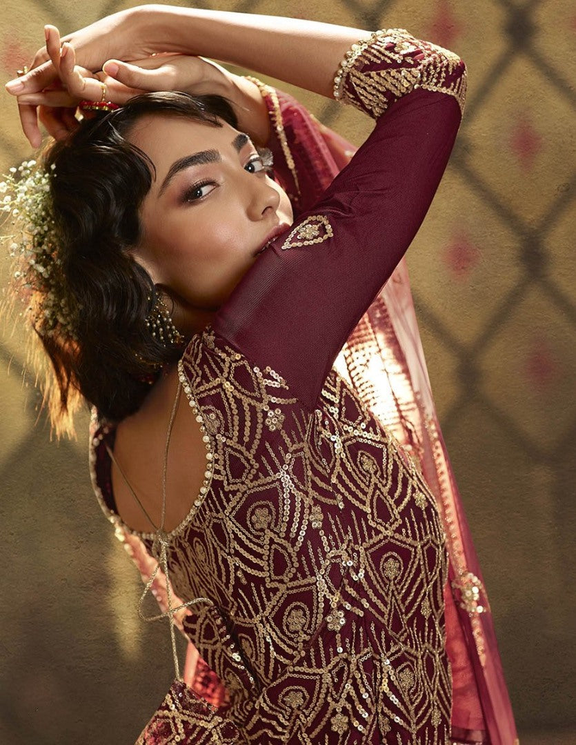 Maroon soft net sequence work party wear sharara salwar suit