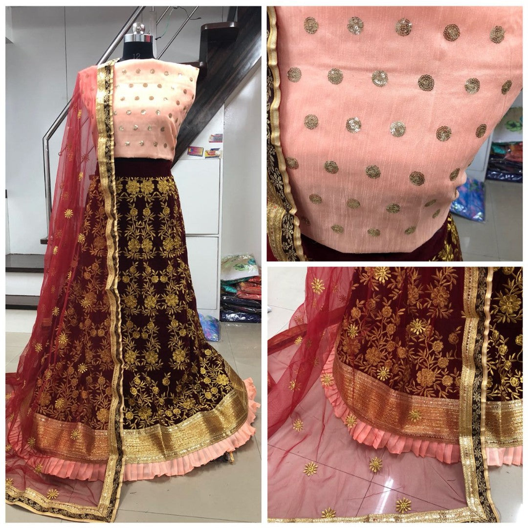 maroon tapeta silk heavy embroidered wedding lehenga