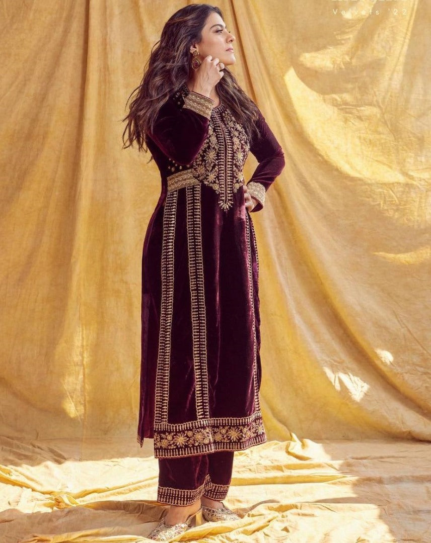 Maroon velvet embroidery worked plazzo suit