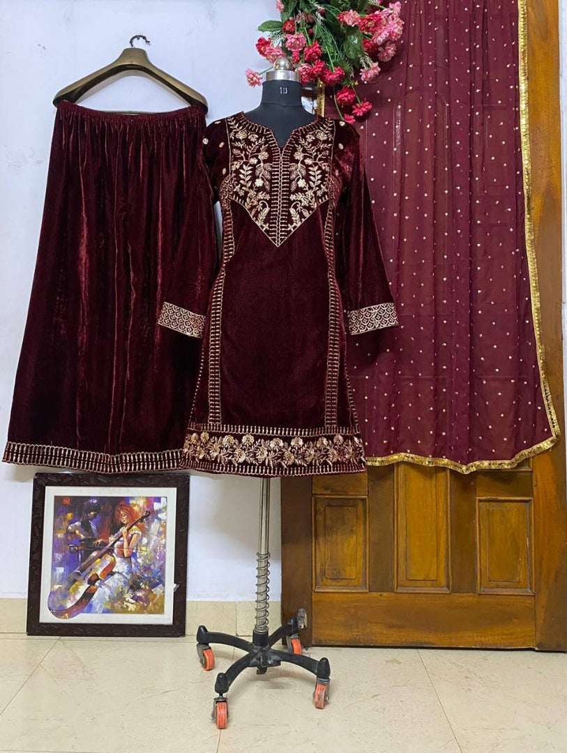 Maroon velvet embroidery worked plazzo suit