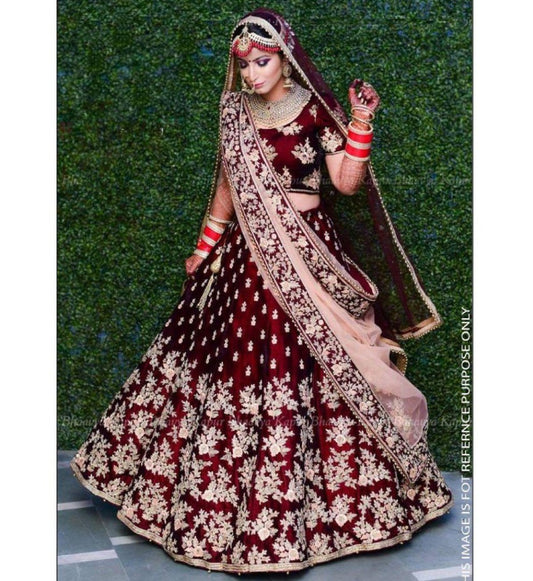 Maroon velvet heavy embroidered bridal lehenga