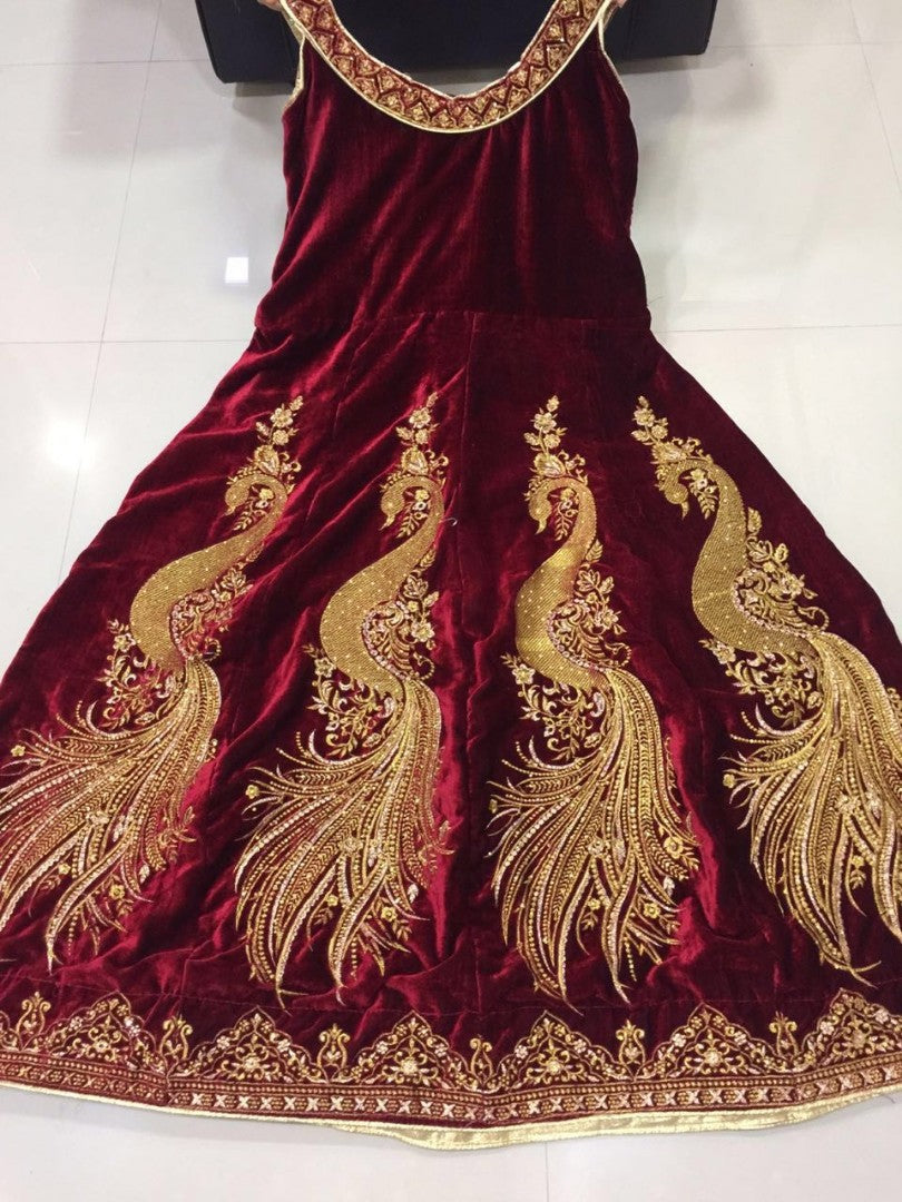 Maroon velvet heavy embroidered wedding gown