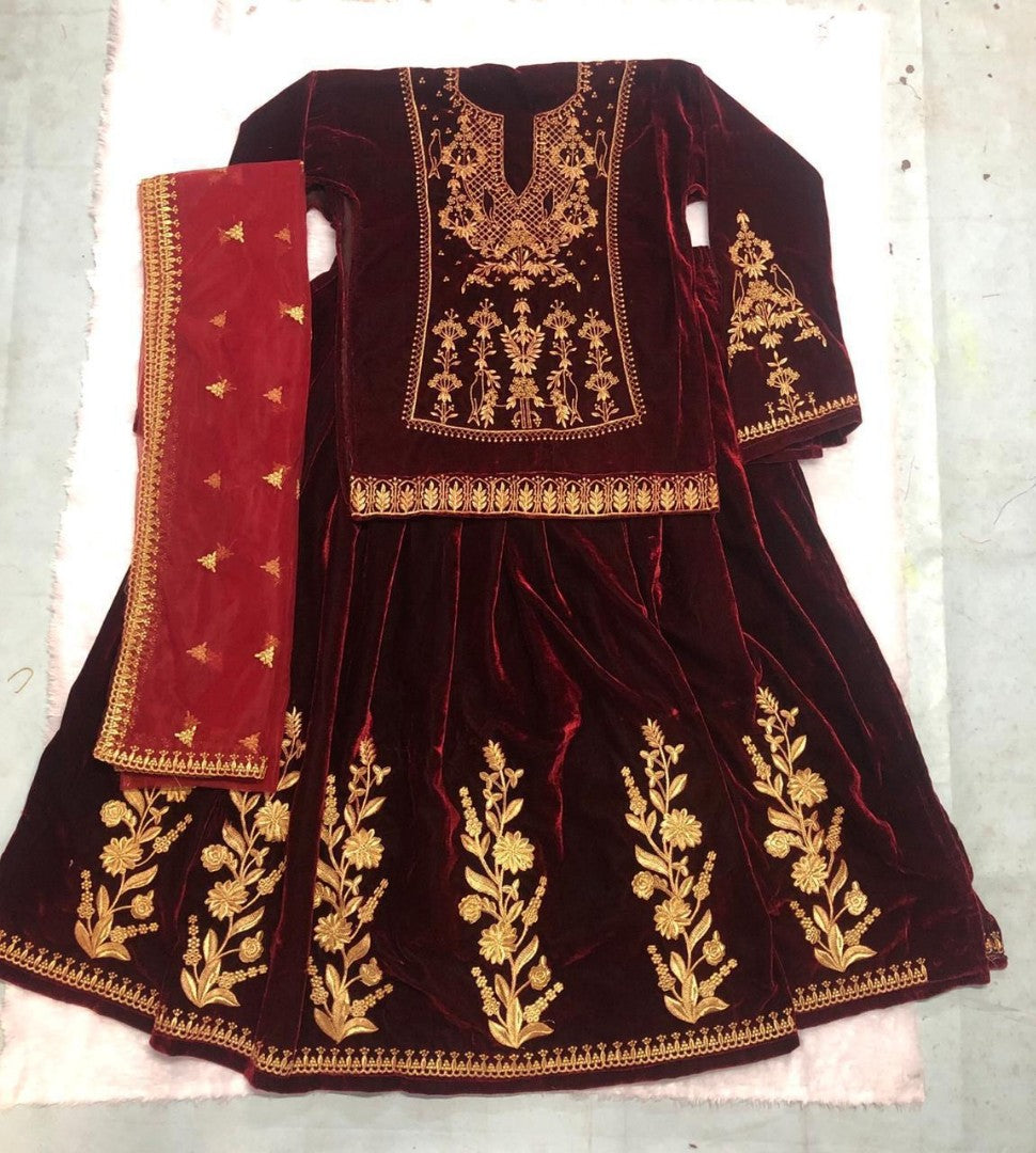 Maroon velvet heavy embroidered wedding lehenga