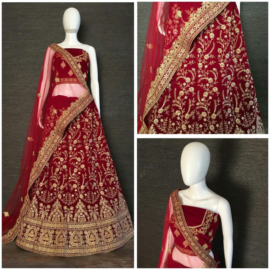 Maroon velvet heavy embroidery bridal lehenga choli