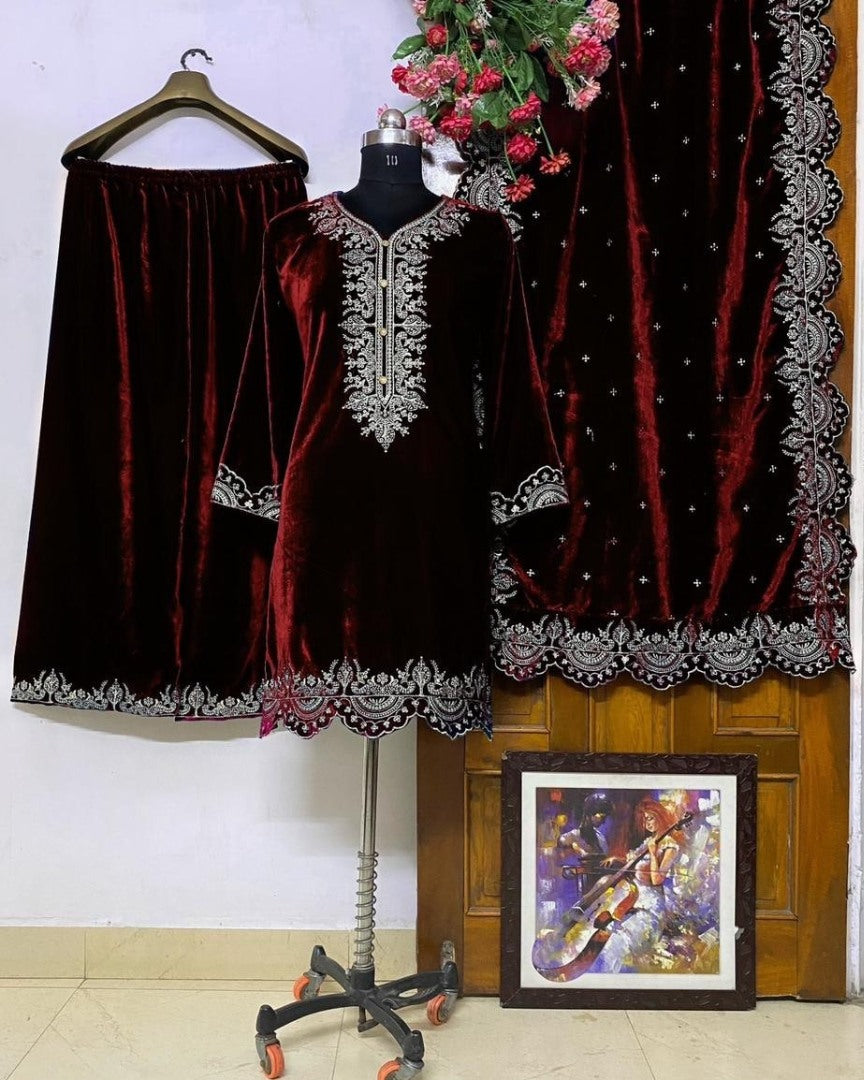 Maroon velvet partywear plazzo suit