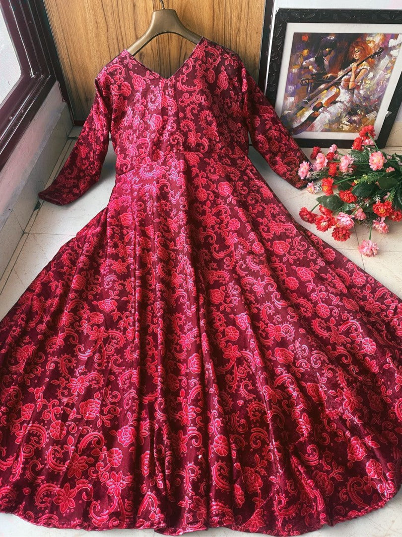Maroon velvet printed gown