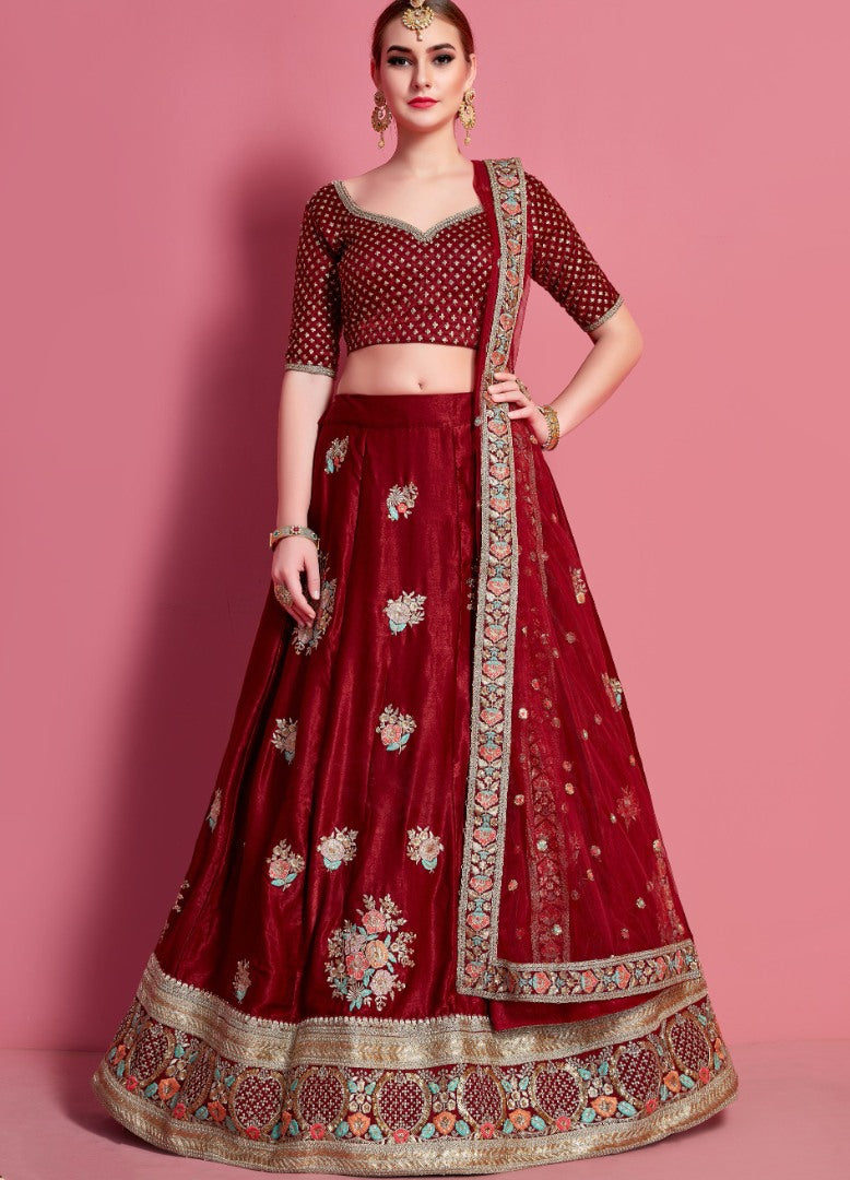 Maroon velvet silk embroidered party wear lehenga choli