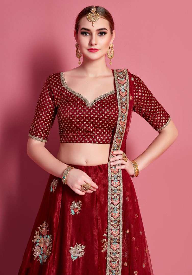 Maroon velvet silk embroidered party wear lehenga choli