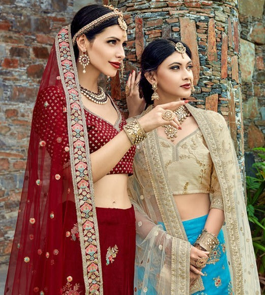 maroon velvet silk heavy embroidered bridal lehenga