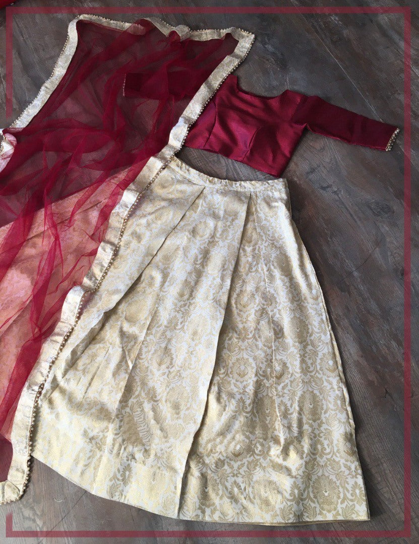 Maroon White banarasi silk jari weaving work lehenga choli