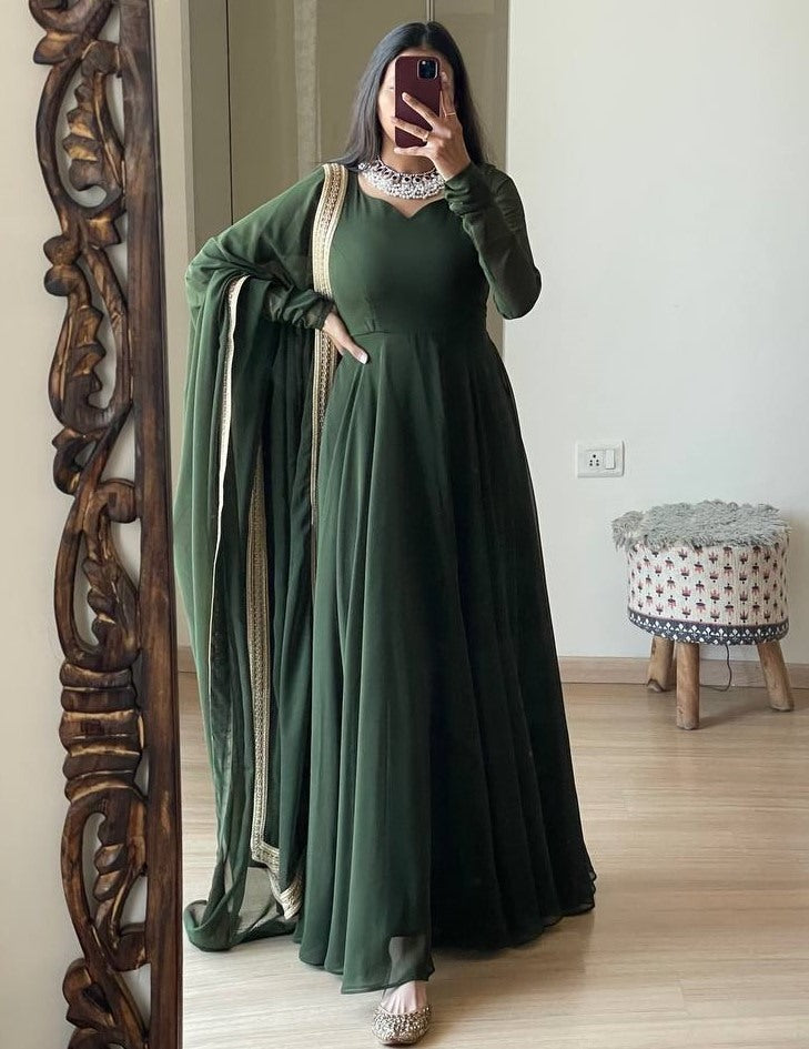 Mehendi green georgette long party wear anarkali ethnic gown