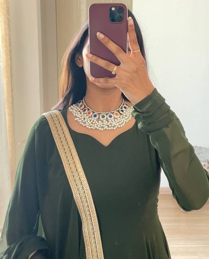 Mehendi green georgette long party wear anarkali ethnic gown
