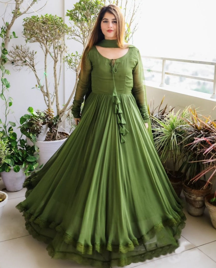 Mehendi green georgette plain long anarkali suit