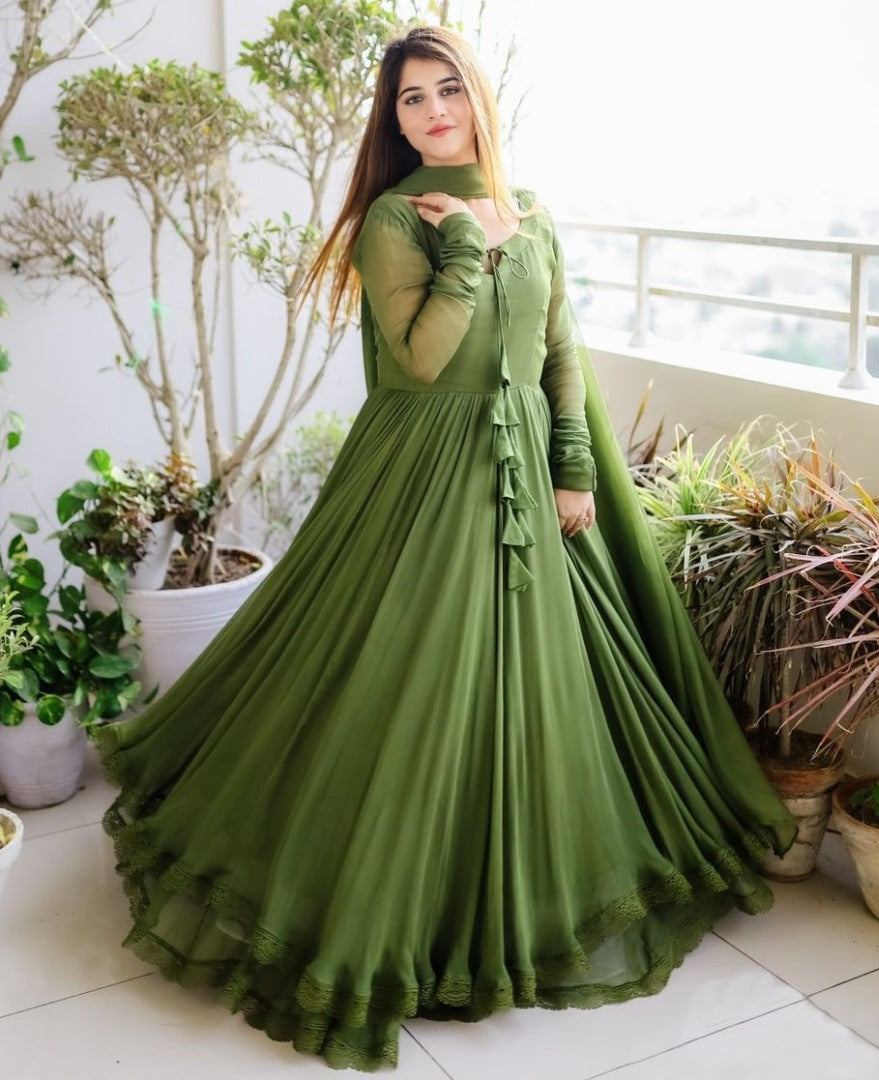 Mehendi green georgette plain long anarkali suit