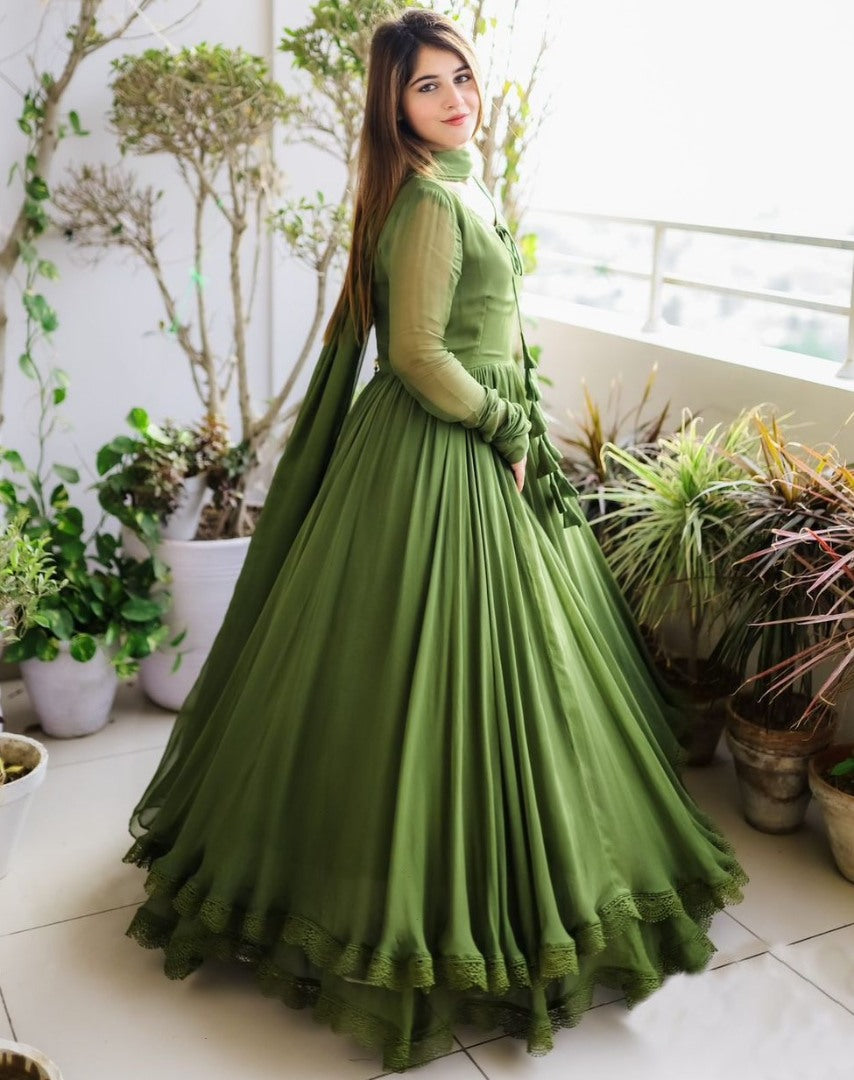 Mehendi green georgette plain long anarkali suit