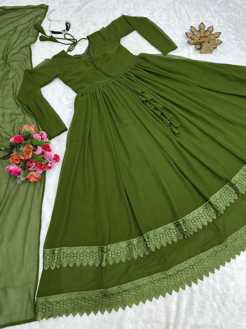 Mehendi green georgette plain long anarkali suit