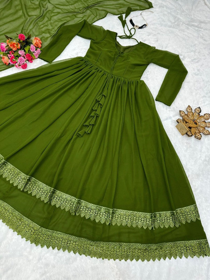 Mehendi green georgette plain long anarkali suit