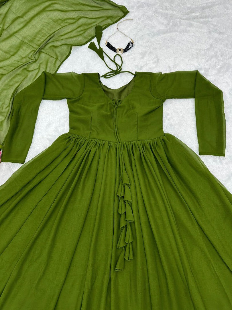Mehendi green georgette plain long anarkali suit