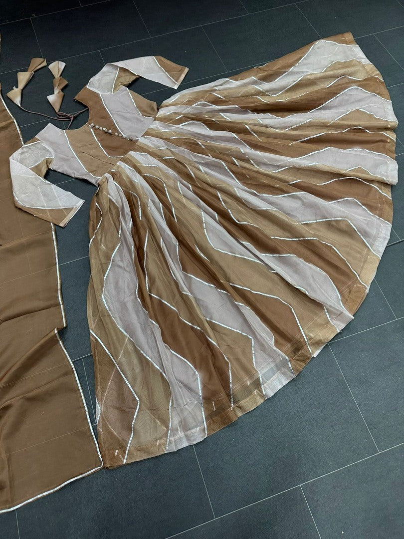 Mehndi green organza silk print and ribbon work anarkali suit