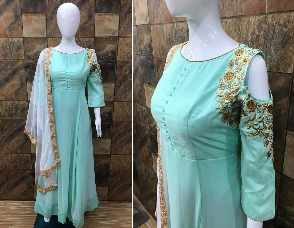 Mint georgette anarkali suit with fancy cut shoulder