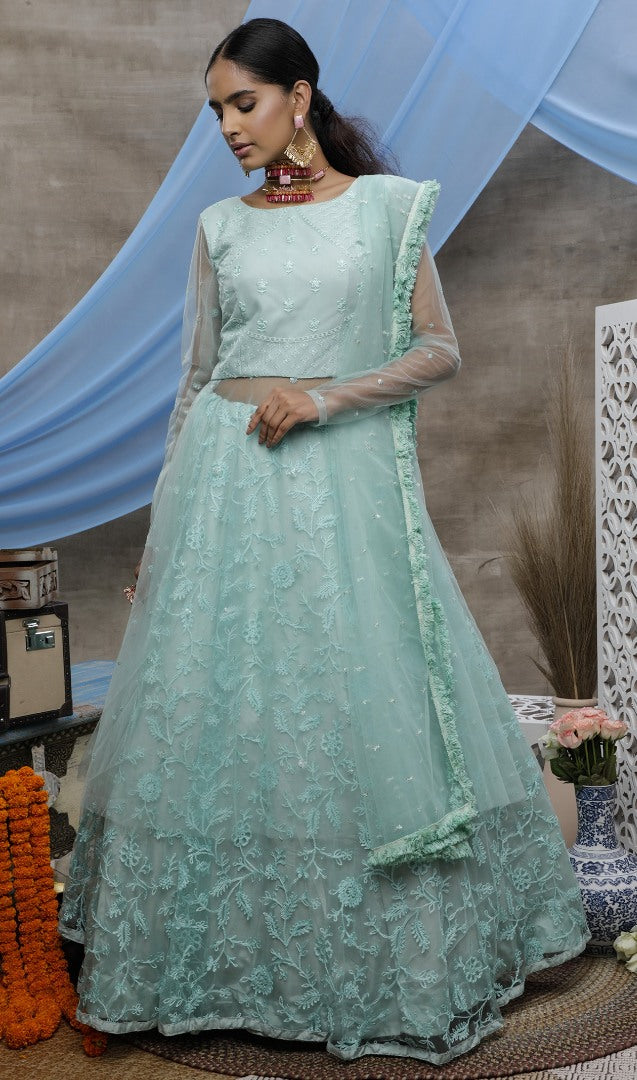 Mint green santoon embroidered party wear lehenga gown