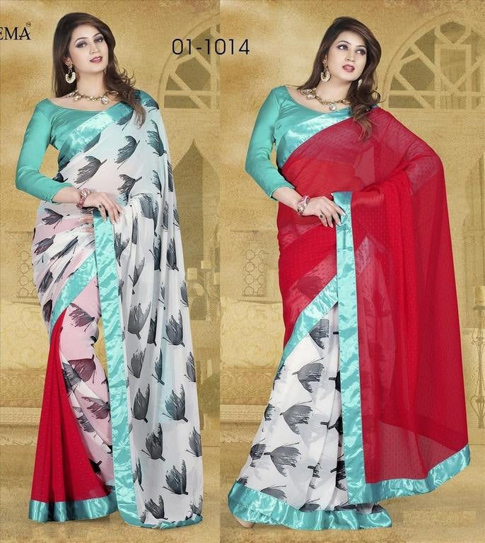 Mizzoli red and white printed Georgette Saree