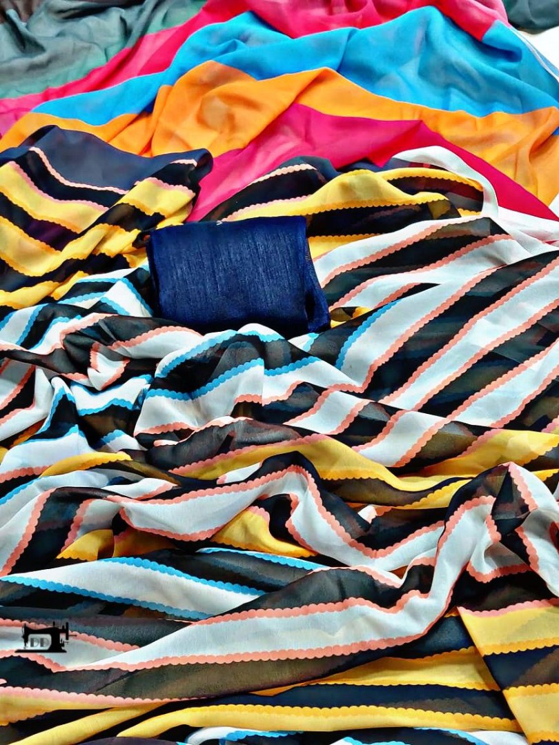 Multi colored strip printed georgette saree