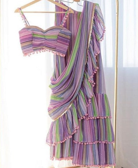 Multi colour heavy georgette ruffle layer work party wear crop top