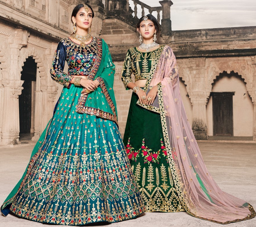 multiclored pure satin heavy embroidered designer bridal lehenga