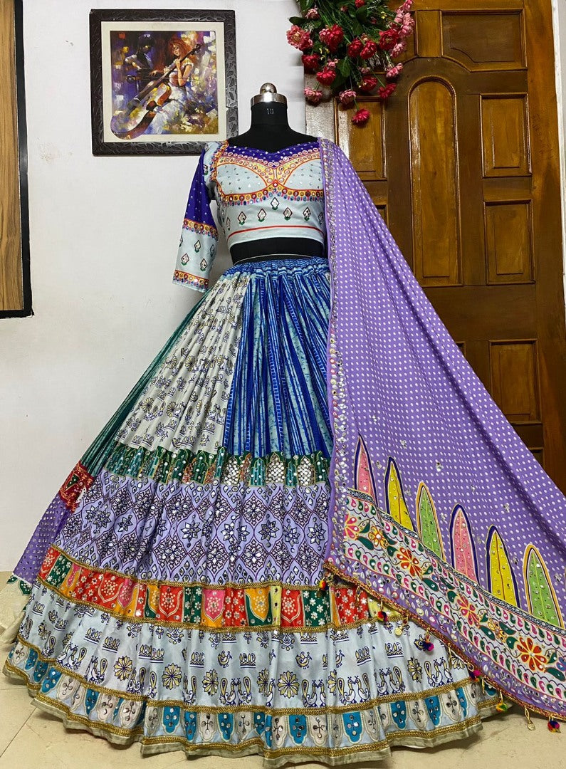 Multicolor butter silk digital printed mirror work navratri lehenga choli