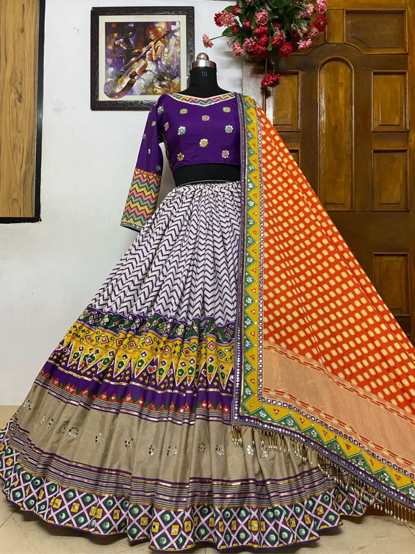 Multicolor butter silk print gota patti and mirror work navratri festival lehenga choli