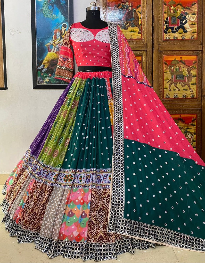 Multicolor cotton print and mirror work gujarati garba navratri lehenga chaniya choli