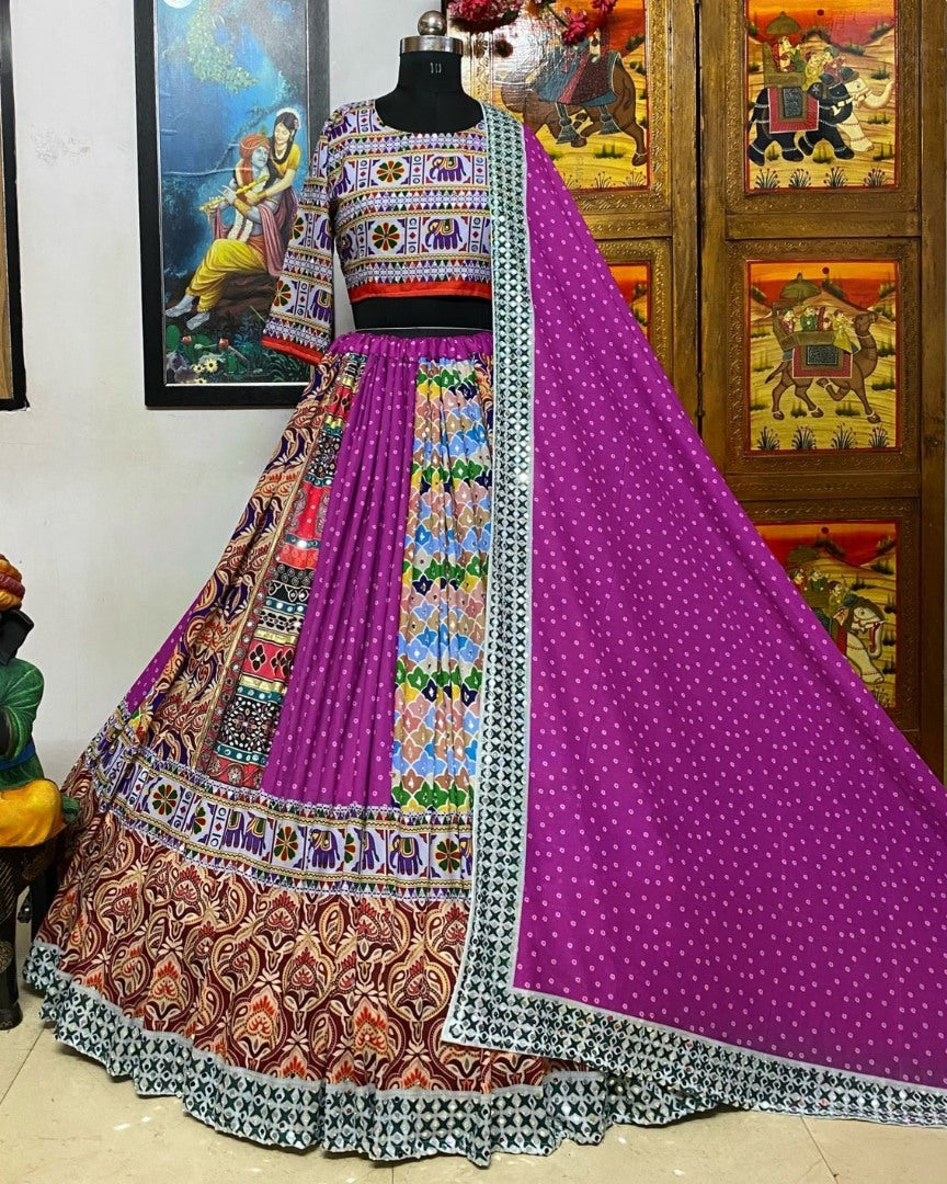 Multicolor cotton print and mirror work gujarati garba navratri lehenga chaniya choli