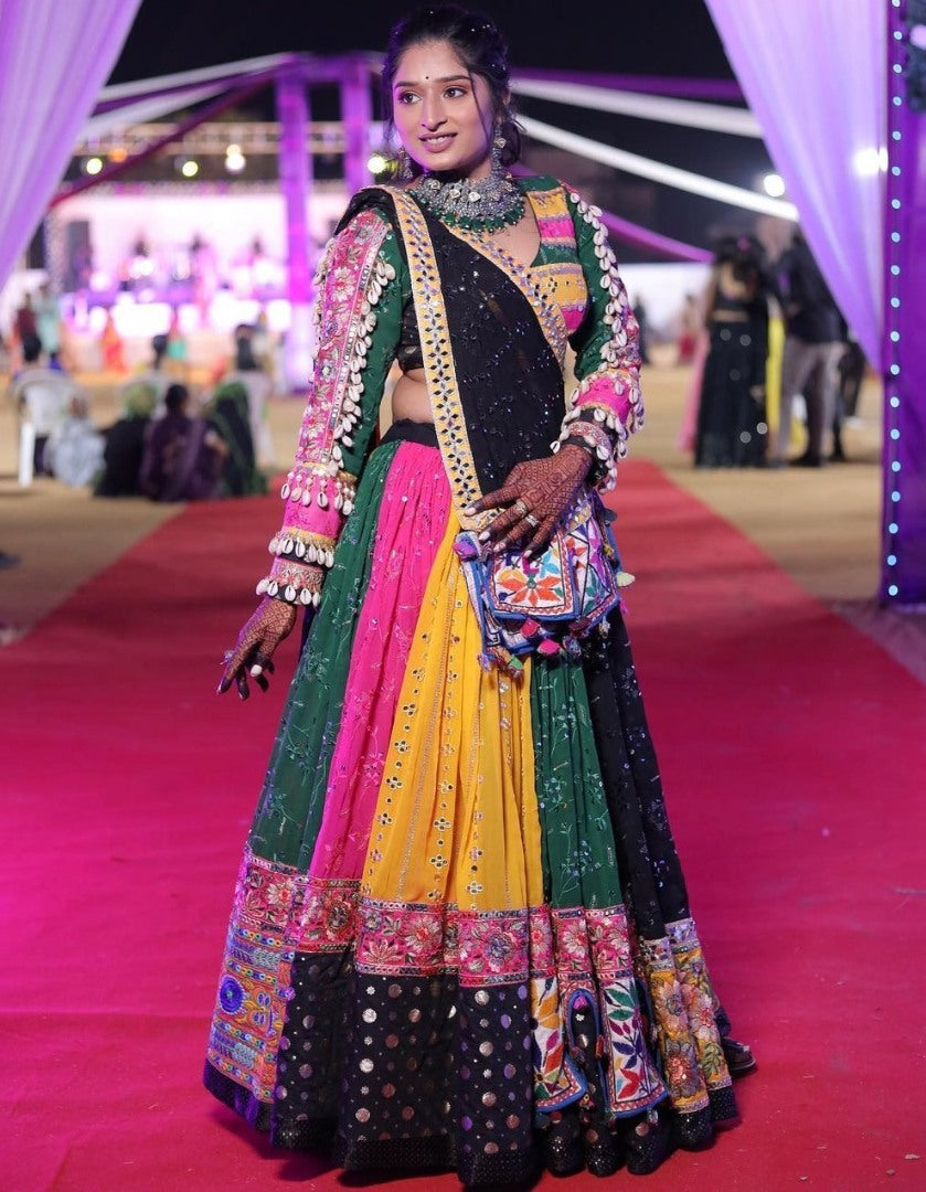Multicolor cotton print mirror work gujarati garba ghagra navratri lehenga chaniya choli
