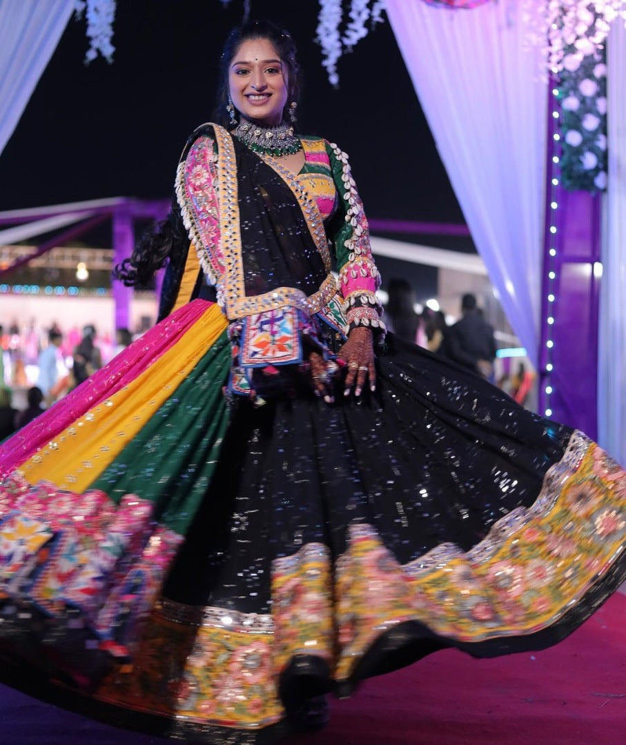 Multicolor cotton print mirror work gujarati garba ghagra navratri lehenga chaniya choli
